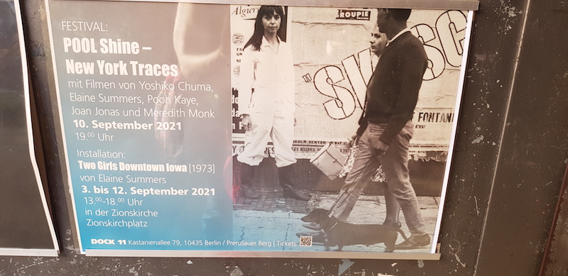 Poster POOL Shine 2021 featuring photo of Elaine Summers in a white working woman's overall, with a passing couple of a Black man and a possibly trans-identifiable woman
